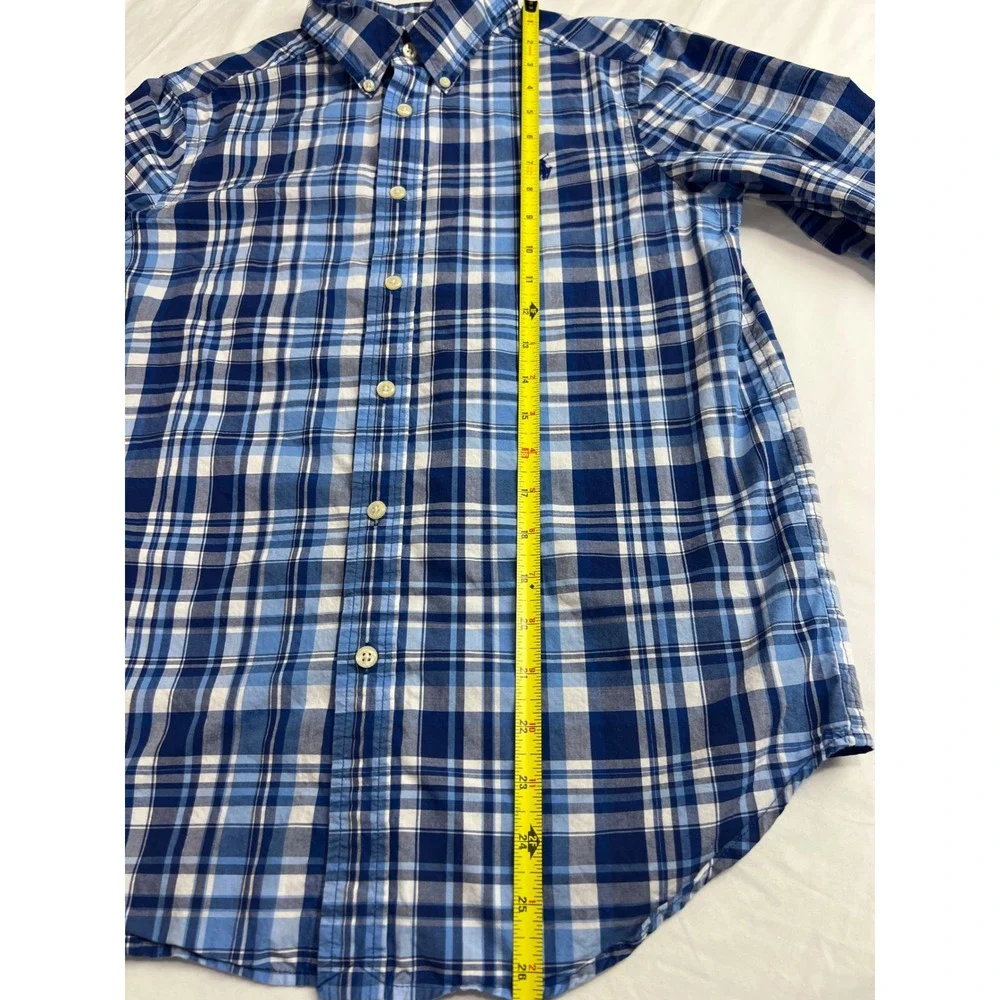 Ralph Lauren Button Down Shirt Boys Large 14-16 Blue Excellent Plaid Classic A56